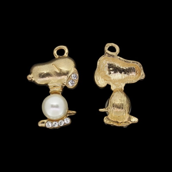 METAL BEADS WITH PEARLS AND CRYSTALS - PENDANT - DOG 04 - 16x26x9mm GOLD 03 WITH WHITE - 4pcs. Hole-2.2mm