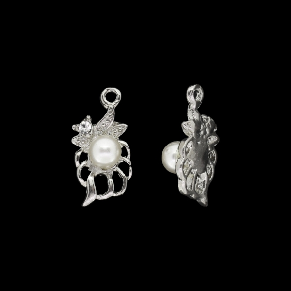 METAL BEADS WITH PEARLS AND CRYSTALS - PENDANT - LEAF 04 - 11x22x8mm NICKEL WITH WHITE - 5pcs. Hole-1.9mm