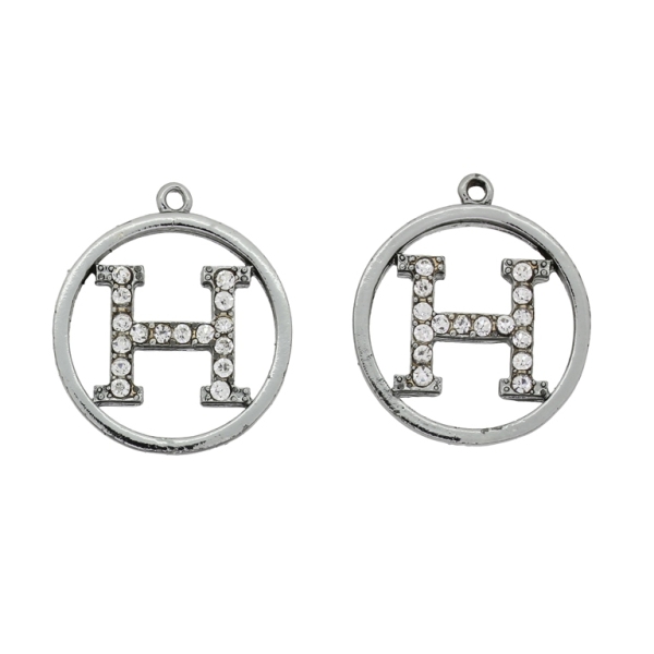 METAL BEADS - RHINESTONE HOLLOW ROUND BEADS - PENDANT - LETTER H IN CIRCLE - 23x27x2mm OXIDIZED WITH WHITE - 3pcs. Hole-1.8mm