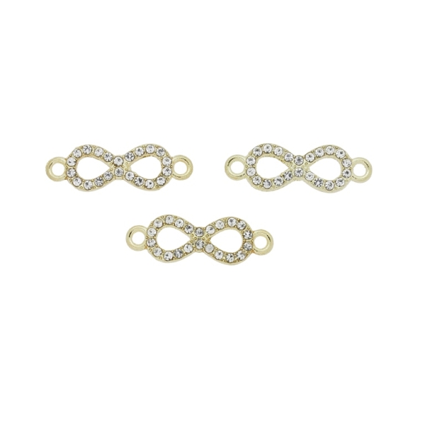 METAL BEADS - RHINESTONE HOLLOW ROUND BEADS - CONNECTING ELEMENT WITH 2 RINGS - INFINITY 04 - 22x7x2mm GOLD COLOR WITH WHITE - 5pcs. Hole-1.9mm