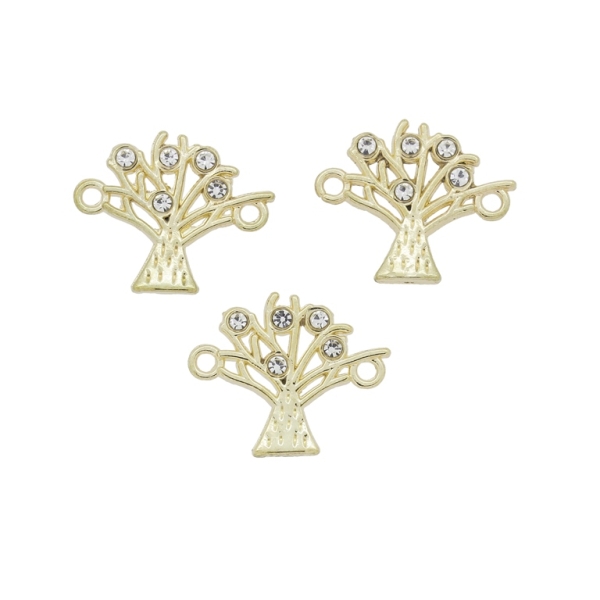 METAL BEADS - RHINESTONE HOLLOW ROUND BEADS - CONNECTING ELEMENT WITH 2 RINGS - TREE OF LIFE 01 - 21x18x2mm GOLD COLOR WITH WHITE - 4pcs. Hole-2.0mm