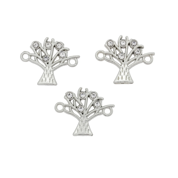 METAL BEADS - RHINESTONE HOLLOW ROUND BEADS - CONNECTING ELEMENT WITH 2 RINGS - TREE OF LIFE 01 - 21x18x2mm NICKEL COLOR WITH WHITE - 4pcs. Hole-2.0mm