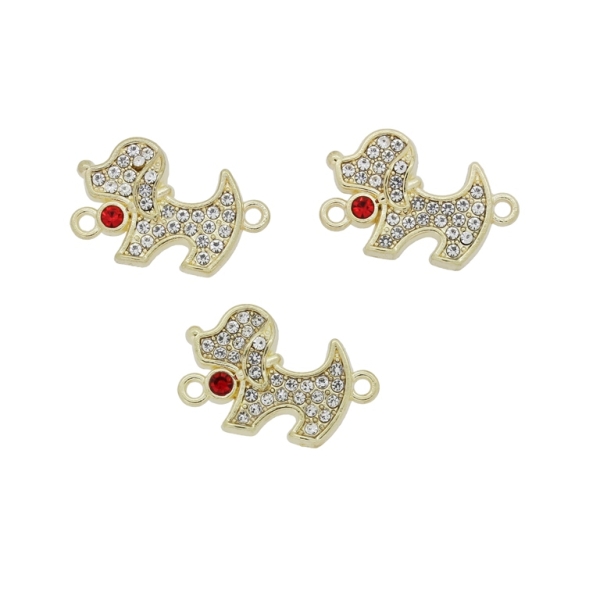 METAL BEADS - RHINESTONE HOLLOW ROUND BEADS - CONNECTING ELEMENT WITH 2 RINGS - DOG 06 - 21x14x3mm GOLD COLOR WITH WHITE-RED - 3pcs. Hole-1.8mm