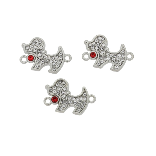 METAL BEADS - RHINESTONE HOLLOW ROUND BEADS - CONNECTING ELEMENT WITH 2 RINGS - DOG 06 - 21x14x3mm NICKEL COLOR WITH WHITE-RED - PACKAGE 30pcs. Hole-1.8mm