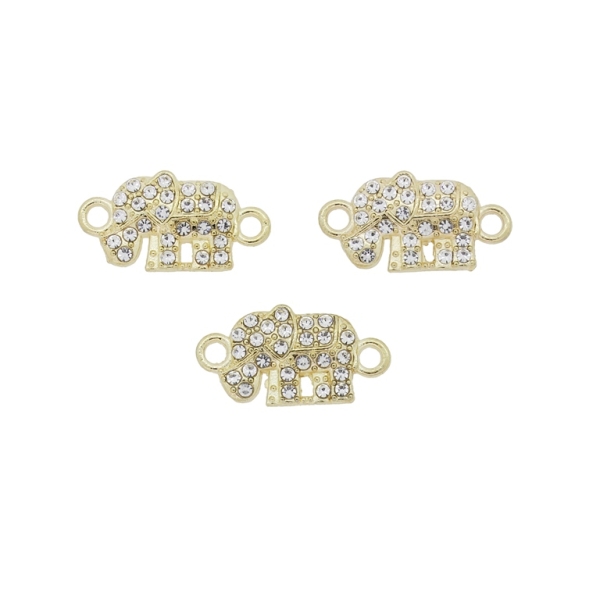 METAL BEADS - RHINESTONE HOLLOW ROUND BEADS - CONNECTING ELEMENT WITH 2 RINGS - ELEPHANT 08 - 21x11x3mm GOLD COLOR WITH WHITE - 4pcs. Hole-2.3mm