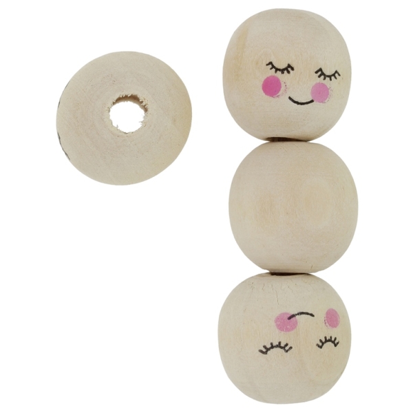 WOODEN BEADS - BALL WITH SMILEY FACE 06 - 18mm NATURAL - PACKAGE 100pcs. Hole-5.0mm