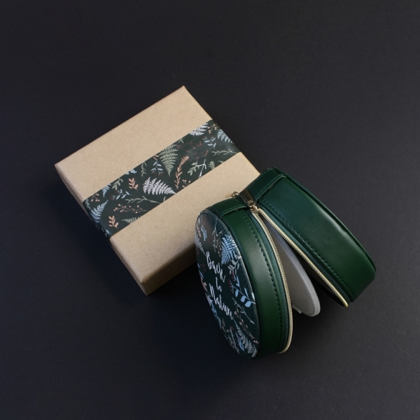 JEWELRY STORAGE BOX - FULL ROUND - FOREST LEAVES BACK TO NATURE - 12x6.5cm GREEN (DARK) - PACKAGE 3pcs.