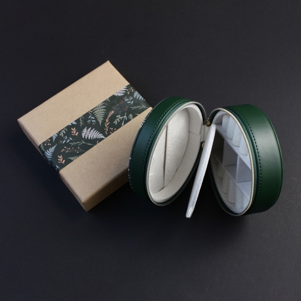JEWELRY STORAGE BOX - FULL ROUND - FOREST LEAVES BACK TO NATURE - 12x6.5cm GREEN (DARK) - PACKAGE 3pcs.