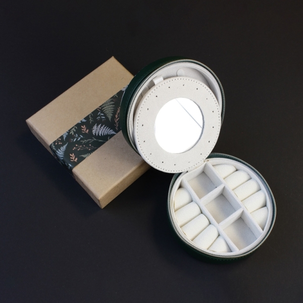 JEWELRY STORAGE BOX - FULL ROUND - FOREST LEAVES BACK TO NATURE - 12x6.5cm GREEN (DARK) - PACKAGE 3pcs.