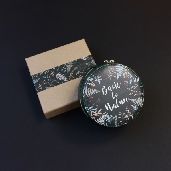 JEWELRY STORAGE BOX - FULL ROUND - FOREST LEAVES BACK TO NATURE - 12x6.5cm GREEN (DARK) - PACKAGE 3pcs.