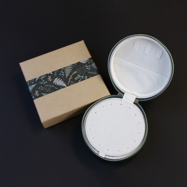 JEWELRY STORAGE BOX - FULL ROUND - FOREST LEAVES BACK TO NATURE - 12x6.5cm GREEN (DARK) - PACKAGE 3pcs.