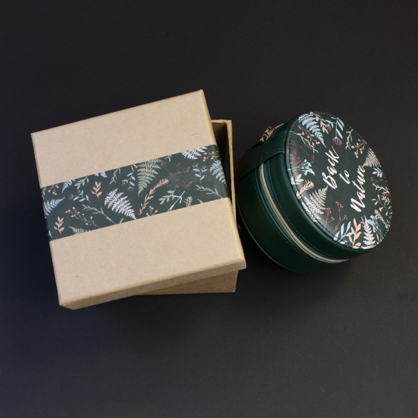 JEWELRY STORAGE BOX - FULL ROUND - FOREST LEAVES BACK TO NATURE - 12x6.5cm GREEN (DARK) - PACKAGE 3pcs.