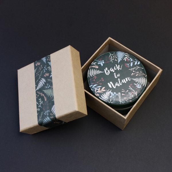 JEWELRY STORAGE BOX - FULL ROUND - FOREST LEAVES BACK TO NATURE - 12x6.5cm GREEN (DARK) - PACKAGE 3pcs.