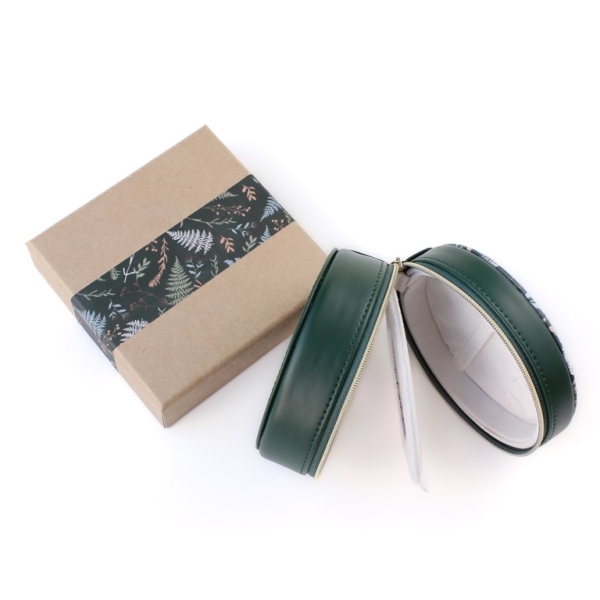 JEWELRY STORAGE BOX - FULL ROUND - FOREST LEAVES BACK TO NATURE - 12x6.5cm GREEN (DARK) - PACKAGE 3pcs.
