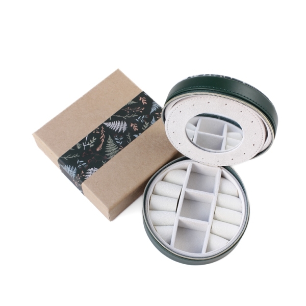 JEWELRY STORAGE BOX - FULL ROUND - FOREST LEAVES BACK TO NATURE - 12x6.5cm GREEN (DARK) - PACKAGE 3pcs.
