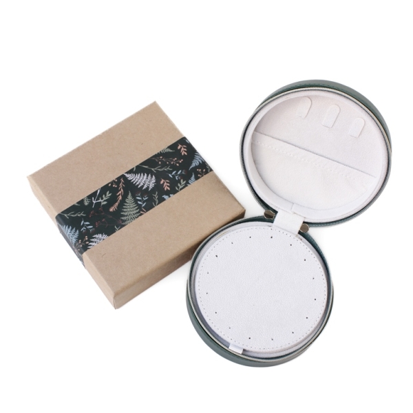 JEWELRY STORAGE BOX - FULL ROUND - FOREST LEAVES BACK TO NATURE - 12x6.5cm GREEN (DARK) - PACKAGE 3pcs.