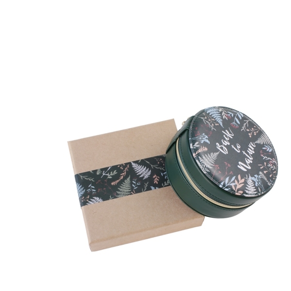 JEWELRY STORAGE BOX - FULL ROUND - FOREST LEAVES BACK TO NATURE - 12x6.5cm GREEN (DARK) - PACKAGE 3pcs.