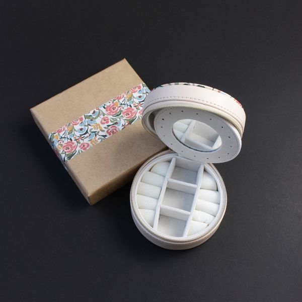 JEWELRY STORAGE BOX - FULL ROUND - SPRING FLOWERS - 10.5x6cm CREAM - PACKAGE 3pcs.