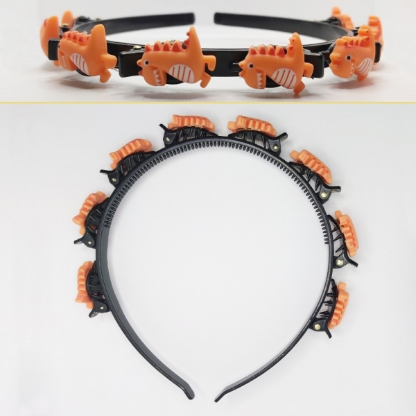 JEWELRY - ACCESSORY FOR HAIR - TIARA WITH HAIR CLIPS - PLASTIC - DINOSAUR D021 - BLACK AND ORANGE - 1pc.