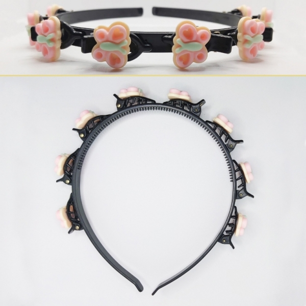 JEWELRY - ACCESSORY FOR HAIR - TIARA WITH HAIR CLIPS - PLASTIC - BUTTERFLY D018 - BLACK AND PINK - 1pc.