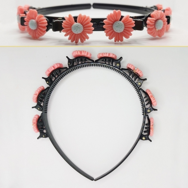 JEWELRY - ACCESSORY FOR HAIR - TIARA WITH HAIR CLIPS - PLASTIC - FLOWER D005 - BLACK AND CORAL (LIGHT) - 1pc.