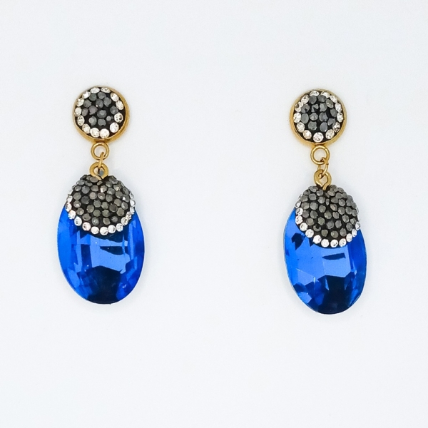 JEWELRY - EARRINGS - SCREW - CHAIN WITH CRYSTALS - ELLIPSE E151 - 1.8x4.7cm GOLD AND BLUE - 1 pair