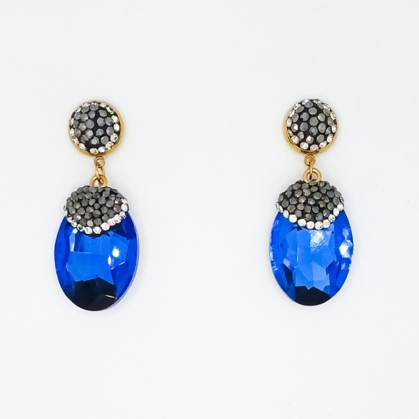 JEWELRY - EARRINGS - SCREW - CHAIN WITH CRYSTALS - ELLIPSE E151 - 1.8x4.7cm GOLD AND BLUE (DARK) - 1 pair