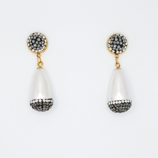 JEWELRY - EARRINGS - SCREW - CHAIN WITH CRYSTALS - PLASTIC PEARL E165 - 1.6x4.6cm GOLD AND WHITE - 1 pair