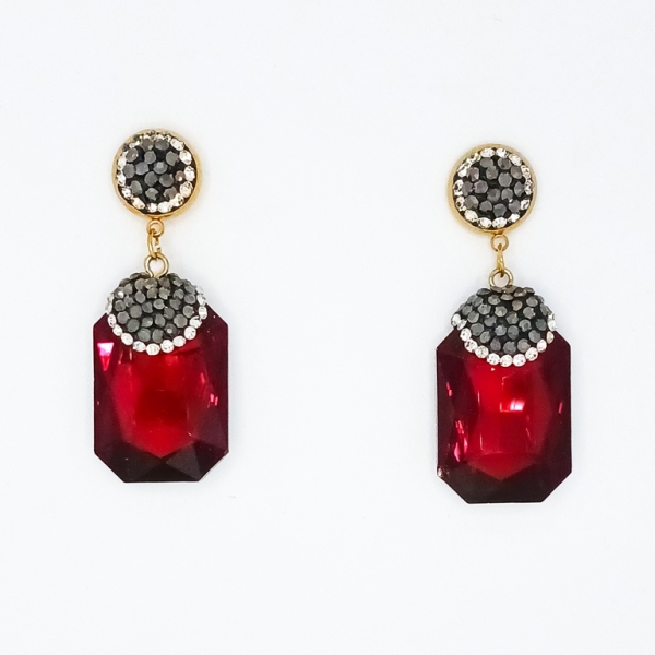 JEWELRY - EARRINGS - SCREW - CHAIN WITH CRYSTALS - RECTANGLE E161 - 1.9x4.8cm GOLD AND RED - 1 pair