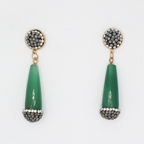 JEWELRY - EARRINGS - SCREW - STAINLESS STEEL WITH NATURAL STONE AND CRYSTALS - AGATE E171 - 1.8x5.5cm GOLD AND GREEN - PACKAGE 6 pairs