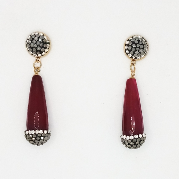 JEWELRY - EARRINGS - SCREW - STAINLESS STEEL WITH NATURAL STONE AND CRYSTALS - AGATE E171 - 1.8x5.5cm GOLD AND CYCLAMEN (DARK) - 1 pair