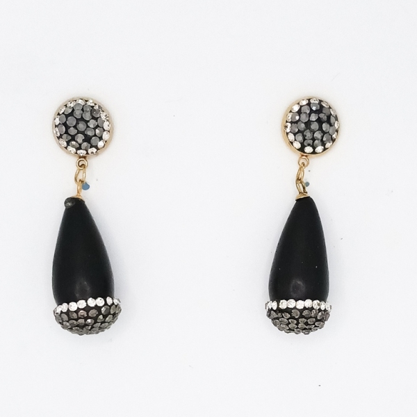 JEWELRY - EARRINGS - SCREW - STAINLESS STEEL WITH NATURAL STONE AND CRYSTALS - NATURAL STONE E166 - 1.6x4.8cm GOLD AND BLACK - PACKAGE 6 pairs