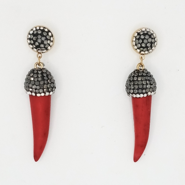 JEWELRY - EARRINGS - SCREW - STAINLESS STEEL WITH NATURAL STONE AND CRYSTALS - NATURAL STONE E179 - 1.6x6.2cm GOLD AND RED (DARK) - 1 pair