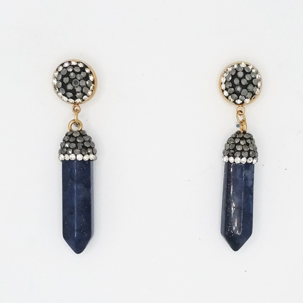 JEWELRY - EARRINGS - SCREW - STAINLESS STEEL WITH NATURAL STONE AND CRYSTALS - LAZURITE E174 - 1.1x5.5cm GOLD AND BLUE (DARK) - 1 pair