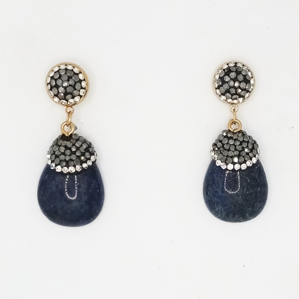 JEWELRY - EARRINGS - SCREW - STAINLESS STEEL WITH NATURAL STONE AND CRYSTALS - LAZURITE E178 - 1.9x4.4cm GOLD AND BLUE (DARK) - 1 pair