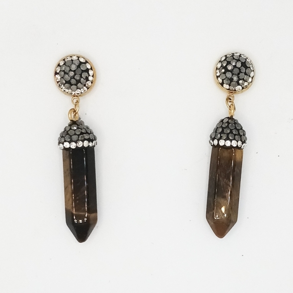 JEWELRY - EARRINGS - SCREW - STAINLESS STEEL WITH NATURAL STONE AND CRYSTALS - TIGER EYE E174 - 1.1x5.5cm GOLD AND BROWN - 1 pair