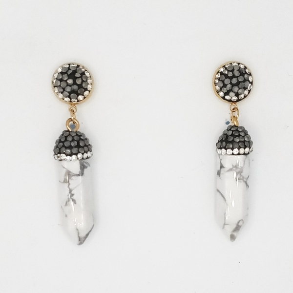 JEWELRY - EARRINGS - SCREW - STAINLESS STEEL WITH NATURAL STONE AND CRYSTALS - HOWLITE E174 - 1.1x5.5cm GOLD AND WHITE - PACKAGE 6 pairs