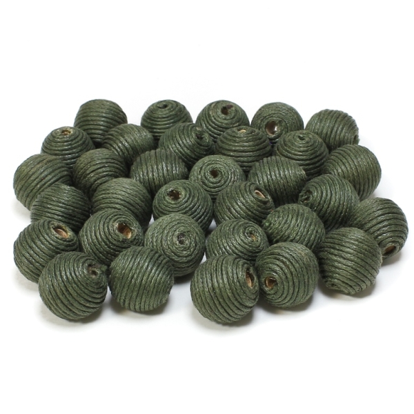 BALL WITH THREAD - COTTON - 14mm - GREEN MILITARY (DARK) - 10pcs. Hole-3.5mm