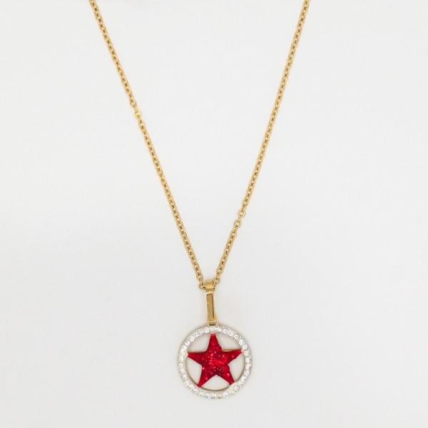 JEWELRY - NECKLACE - STAINLESS STEEL WITH CRYSTALS - STAR IN A CIRCLE К008 - 1.6x2.5cm GOLD-RED-WHITE - PACKAGE 6pcs.