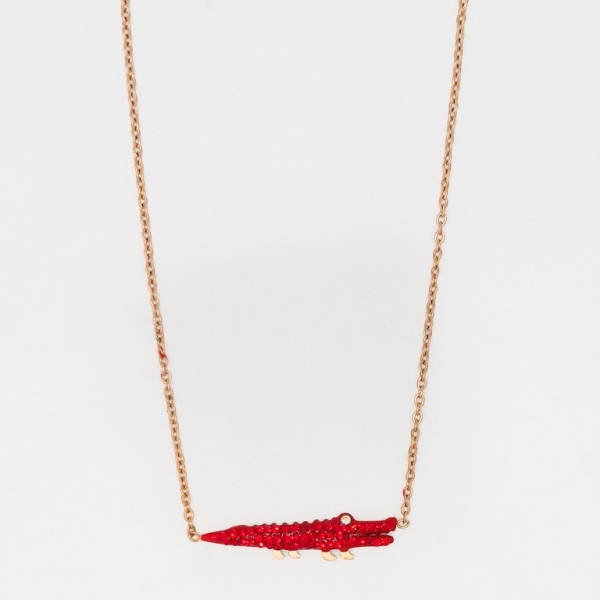 JEWELRY - NECKLACE - STAINLESS STEEL WITH CRYSTALS - CROCODILE К005 - 2.9x0.7cm ROSE GOLD AND RED - 1pc.