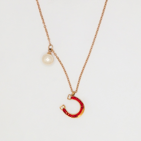 JEWELRY - NECKLACE - STAINLESS STEEL WITH CRYSTALS AND PEARL - HORSESHOE К027 - 1.4x1.4cm ROSE GOLD-WHITE-RED - 1pc.