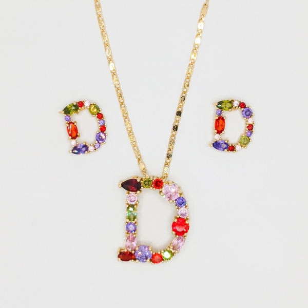 JEWELRY - SET - BRASS WITH ZIRCON - LETTER D S03 - GOLD - 1 set