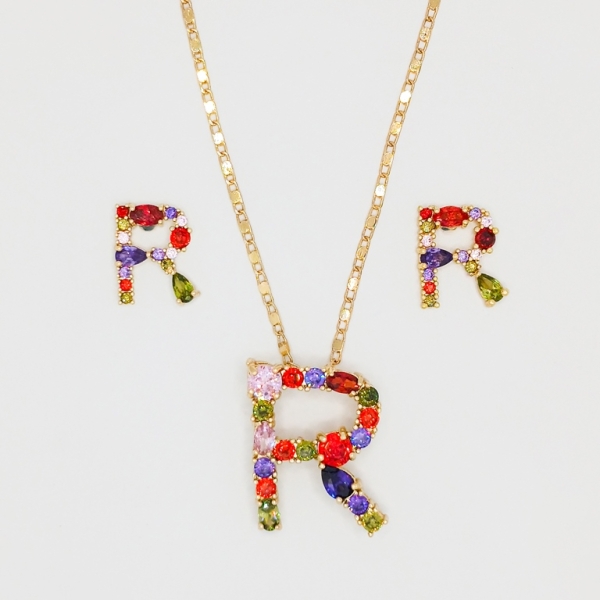 JEWELRY - SET - BRASS WITH ZIRCON - LETTER R S12 - GOLD - PACKAGE (3 sets)