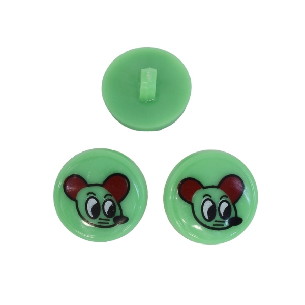 PLASTIC BEADS - BUTTON TYPE - CIRCLE WITH MOUSE 01 - 18x18mm GREEN AND BLACK - PACKAGE 200g (249pcs.) Hole-3.0mm