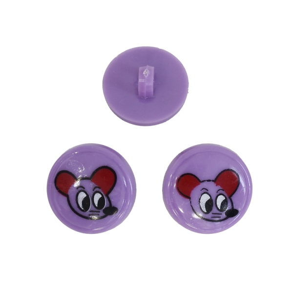 PLASTIC BEADS - BUTTON TYPE - CIRCLE WITH MOUSE 01 - 18x18mm PURPLE AND BLACK - PACKAGE 200g (249pcs.) Hole-3.0mm