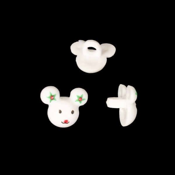 PLASTIC BEADS - BUTTON TYPE - BEAR 02 - 13x15mm WHITE AND GREEN - PACKAGE 200g (494pcs.) Hole-3.0mm