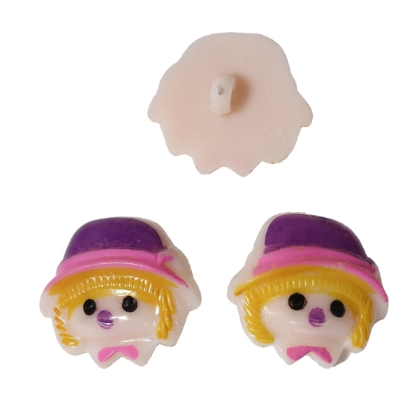 PLASTIC BEADS - BUTTON TYPE - GIRL WITH HAT 01 - 21x23mm PINK (LIGHT) AND PURPLE - PACKAGE 200g (176pcs.) Hole-3.0mm