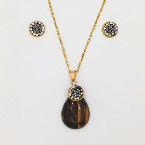 JEWELRY - SET - STAINLESS STEEL AND NATURAL STONE - DROP S25 - GOLD AND TIGER EYE - PACKAGE (6 sets)