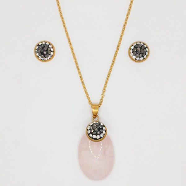 JEWELRY - SET - STAINLESS STEEL AND NATURAL STONE - OVAL S23 - GOLD AND QUARTZ PINK - PACKAGE (6 sets)