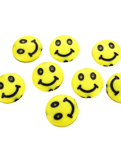 ACRYLIC BEADS - SMILEY FACE - DISK - 14x5mm YELLOW WITH BLACK - 50 g Hole-2.0mm (85pcs.)